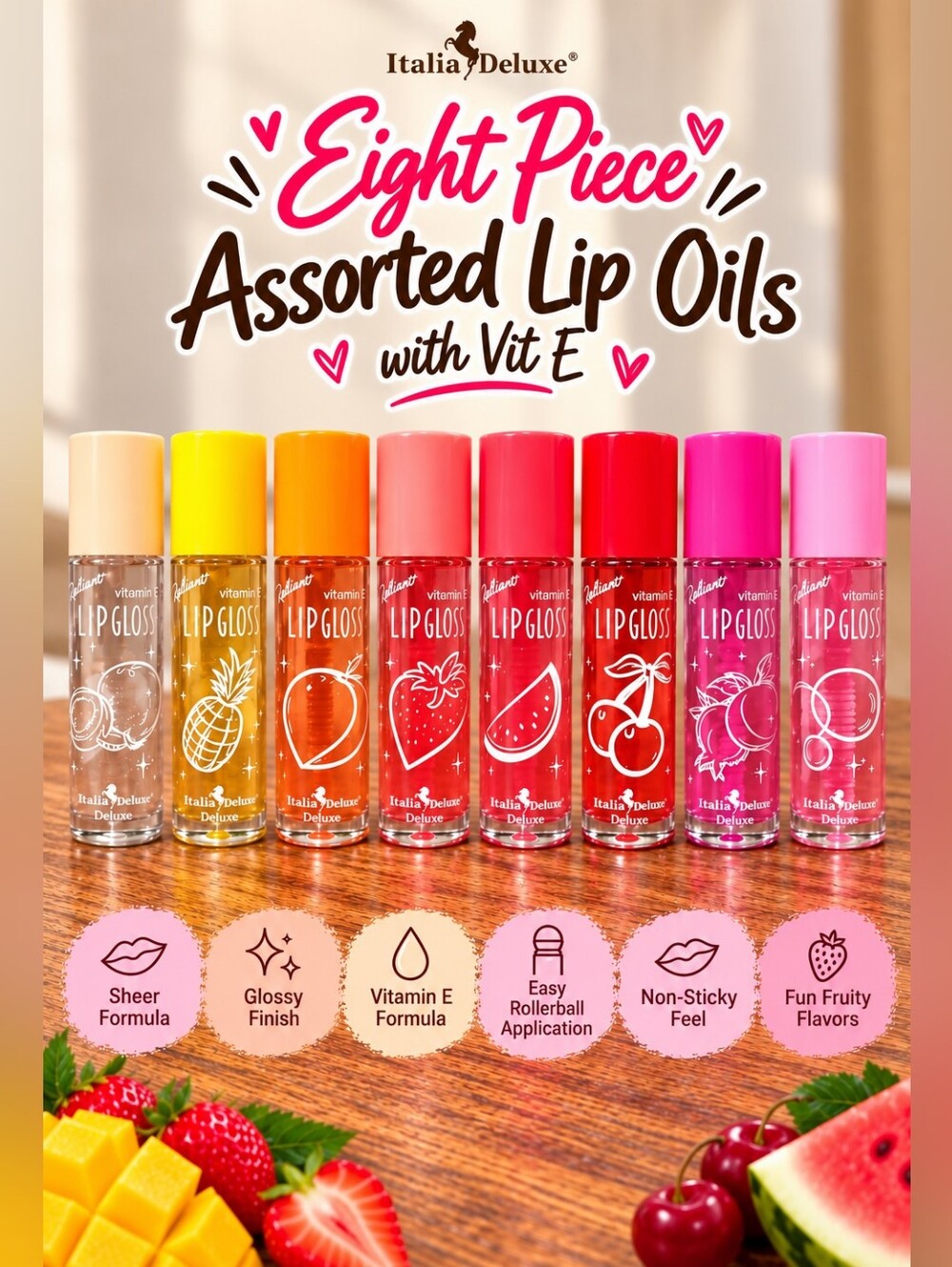 Italia Deluxe Fruity Lip Oils With Vitamin E Sheer Lip Gloss- 8 Pc Bundle